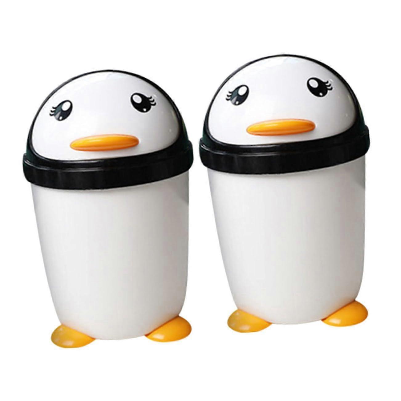 Cute Penguin Trash Can with Lid 2Piece Set BlackWhite Mini Wastebasket for Kids Car Swing Lid Portable Cartoon Bin