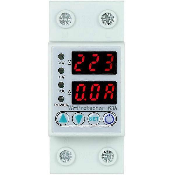 63A 220V Adjustable Over and Under Voltage Protective Relay for DIN Rail Overcurrent Protection Home Use Two LED Displays