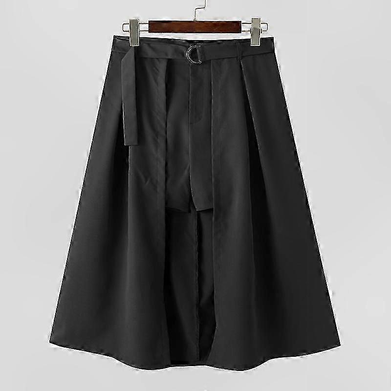 Men's Solid Color Zip-Up Belted Shorts with Irregular Kilt Design