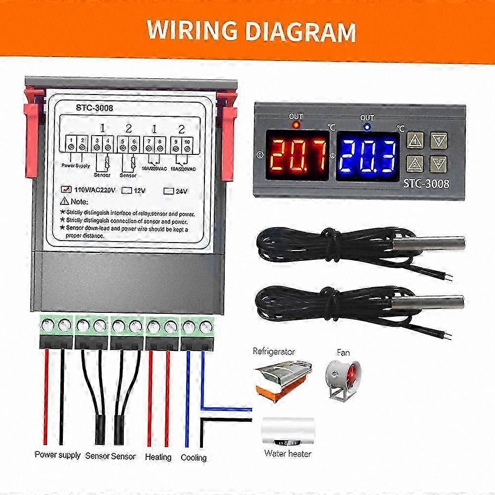 Dual Display Thermostat with Dual NTC Probes and Two Relay Outputs for Temperature Regulation 110-220V Heater Control Solution