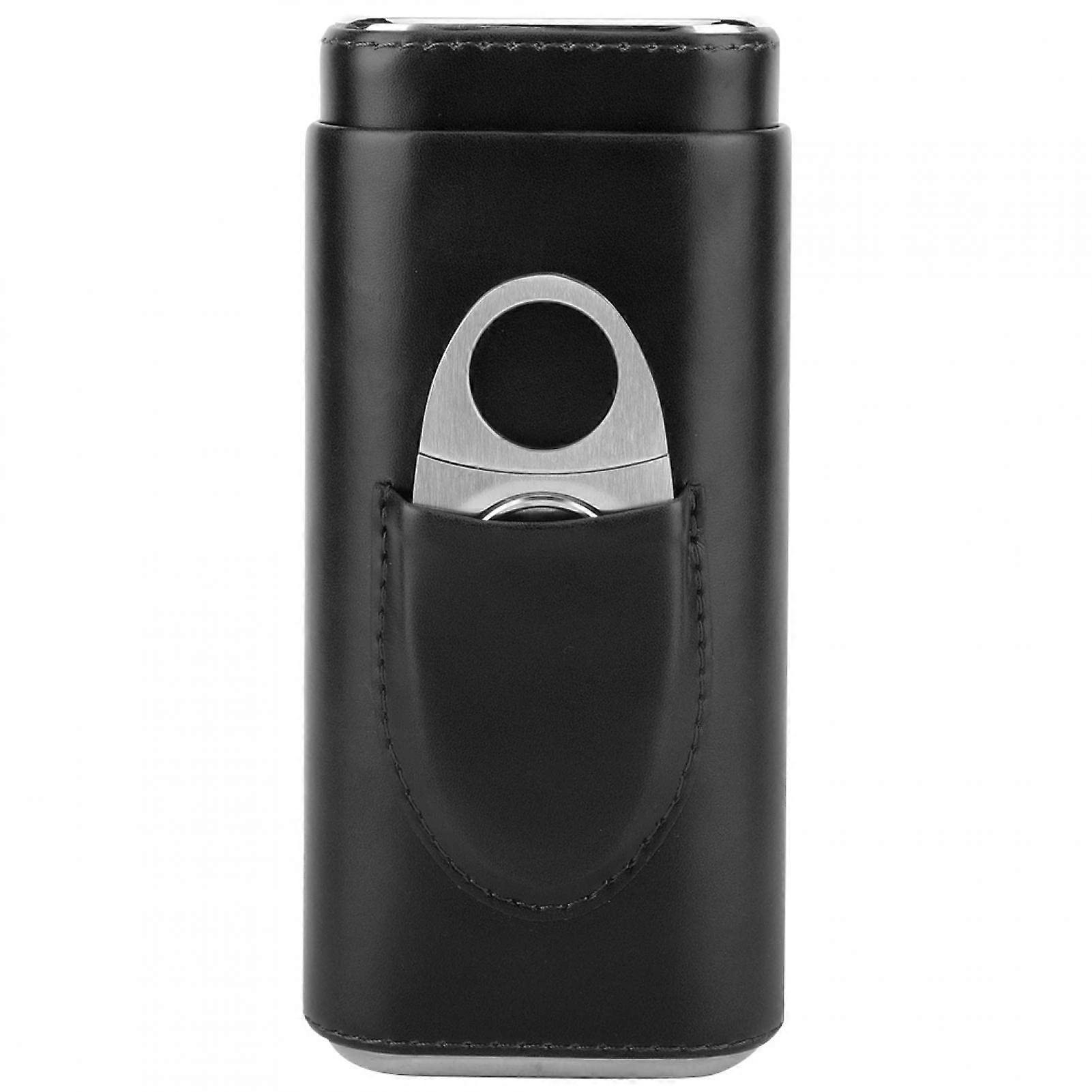 Cigar Case Humidor Portable Leather Case With Cedar Wood Lining 3Cigar Capacity Black Cutter Included