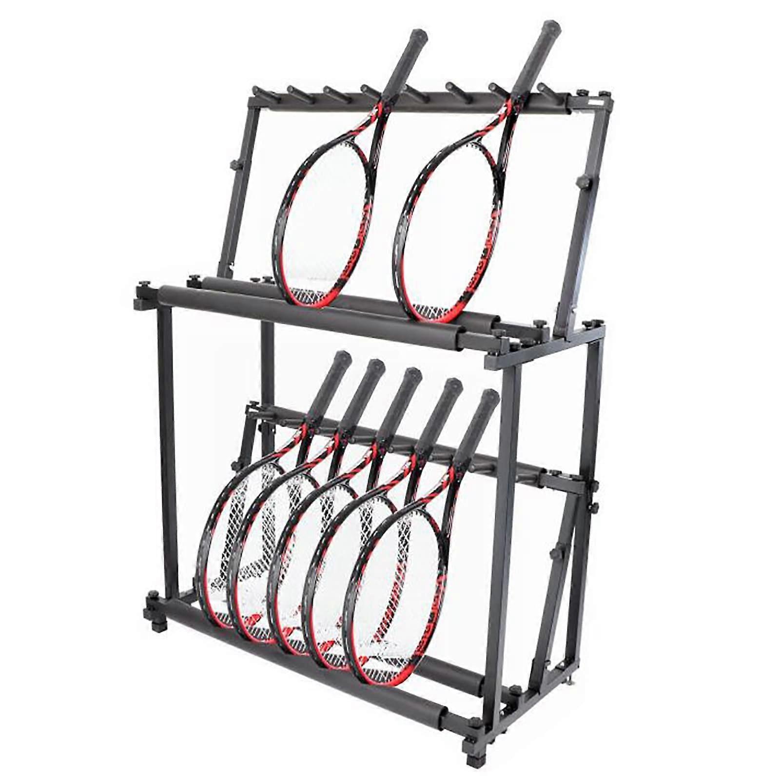 Double-Layered Badminton Racket Storage Organizer, Large Capacity Metal Display Stand for Violins, Guitars, Billiard Cues, Adjustable Height