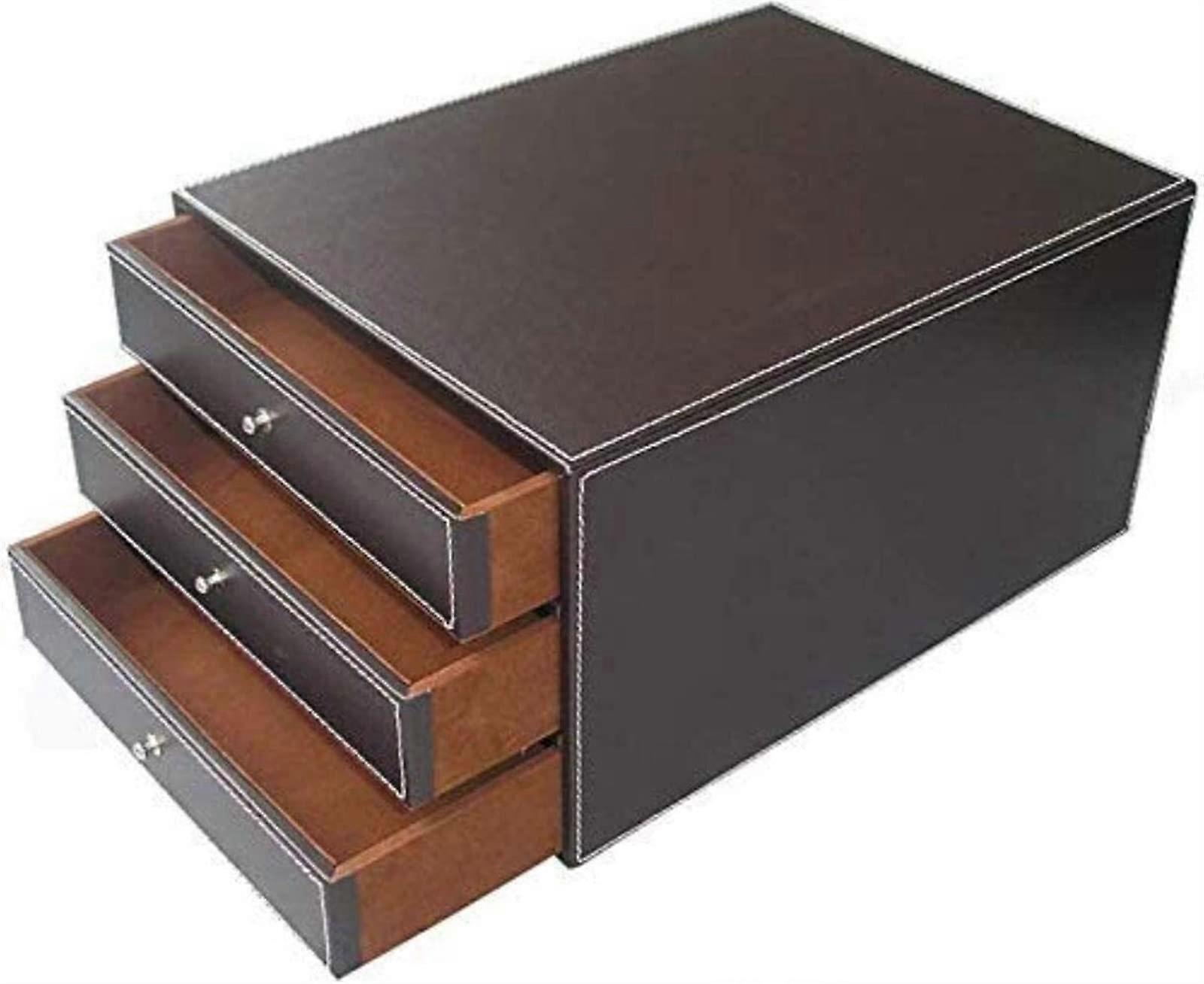 Three Tier File Cabinet Leather Desk Organizer, Home Office File Rack Drawer, Desktop 3Tier Storage
