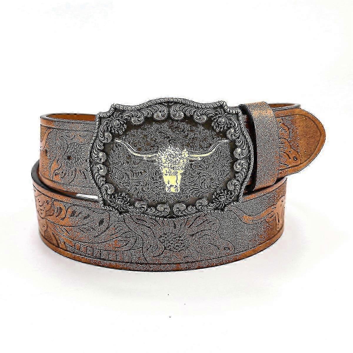 Men's Western Denim Belt, Cowboy Style Metal Buckle PU Leather Belt 110-125cm