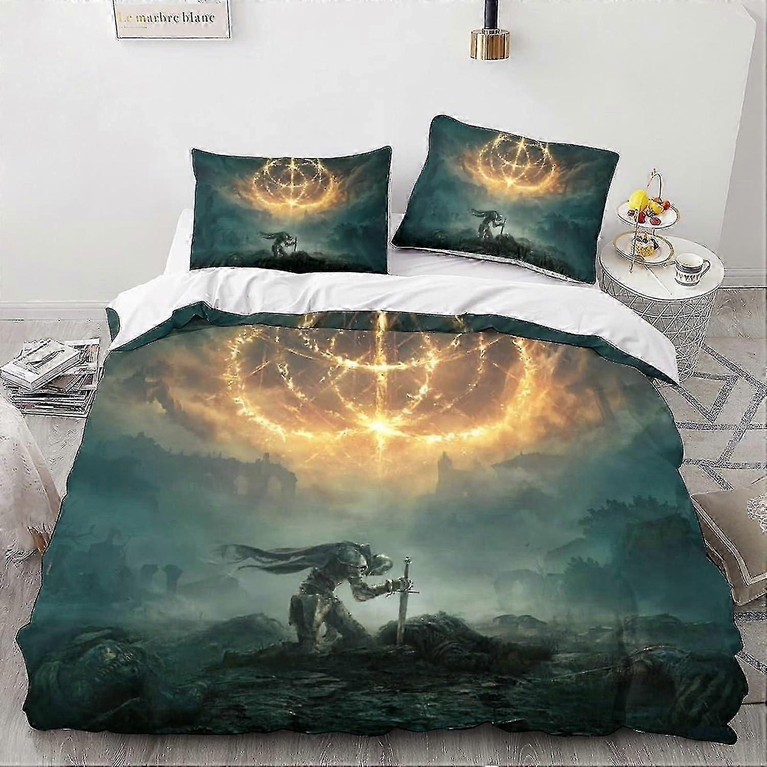 ALXFFBN Print Duvet Cover Elden Ring Set with Anime Characters Two Pillow Cases Pattern Bedding Set Single/Double Size for Kids & Teens Double