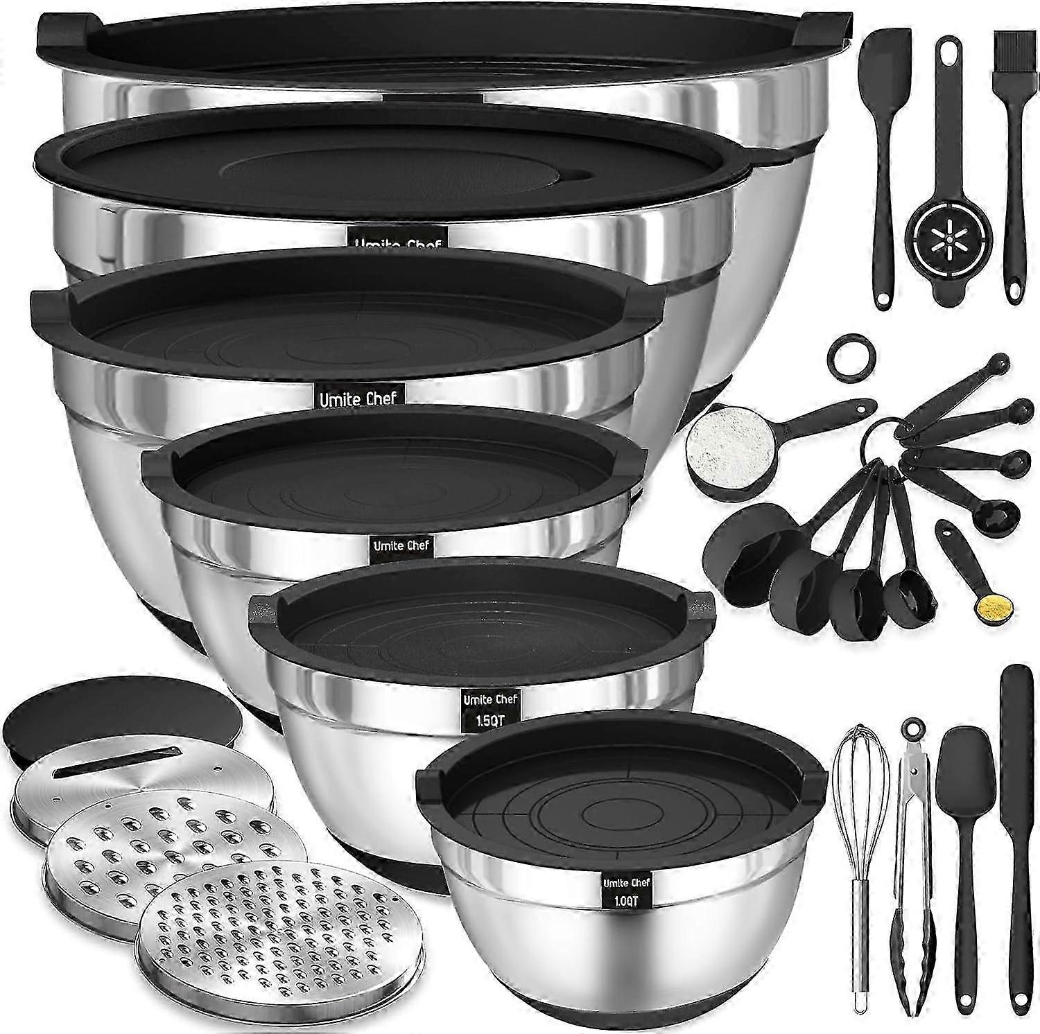 25-26 Chef Mixing Bowls with Airtight Lids, 26Pcs Stainless Steel Set, 3 Graters & Non-Slip Bottoms, 7 Sizes for Mixing & Serving