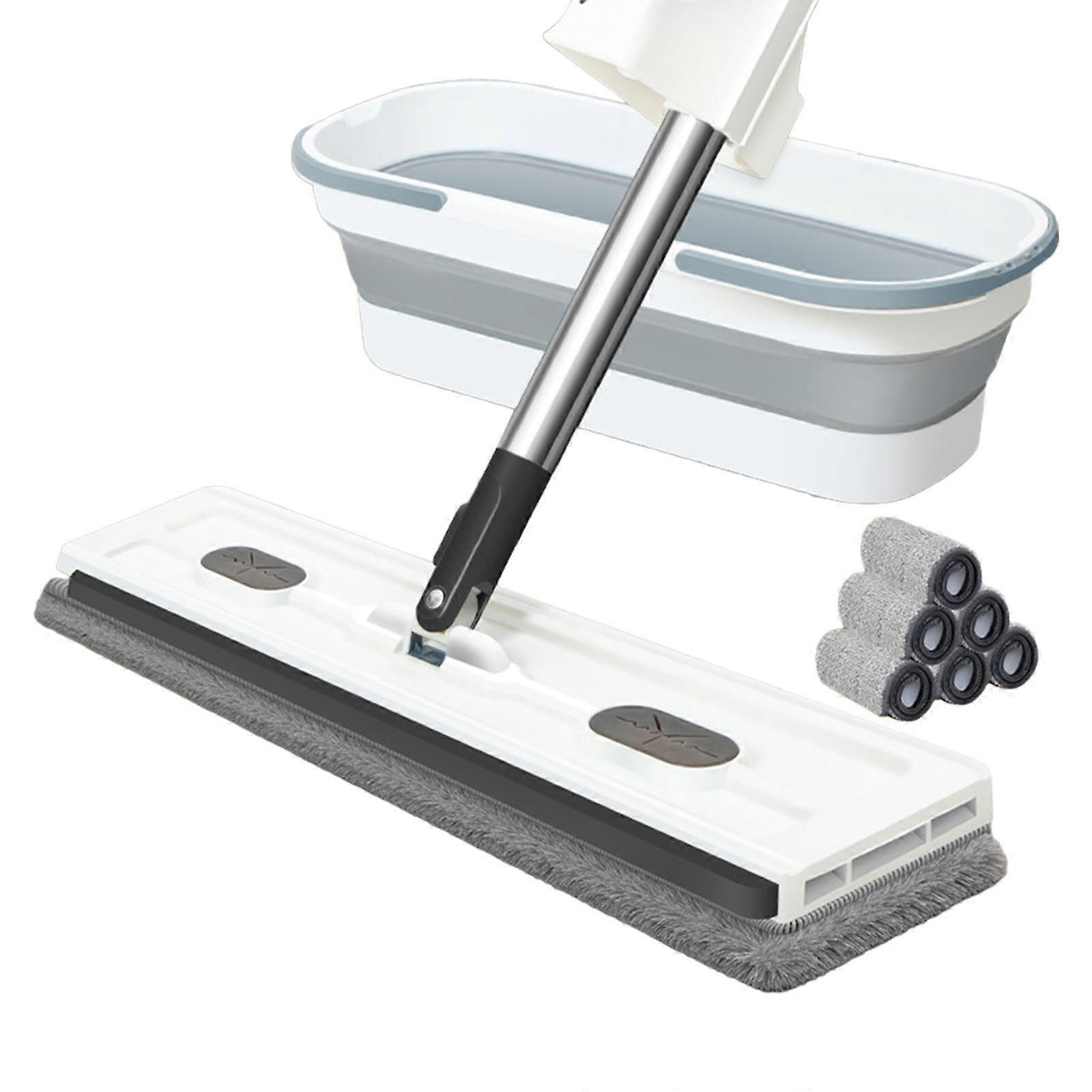 Efficient Mop with 6pcs Cleaning Cloths Foldable Bucket Ergonomic Household Cleaning Tool Floor Mop with Rotating Head  White
