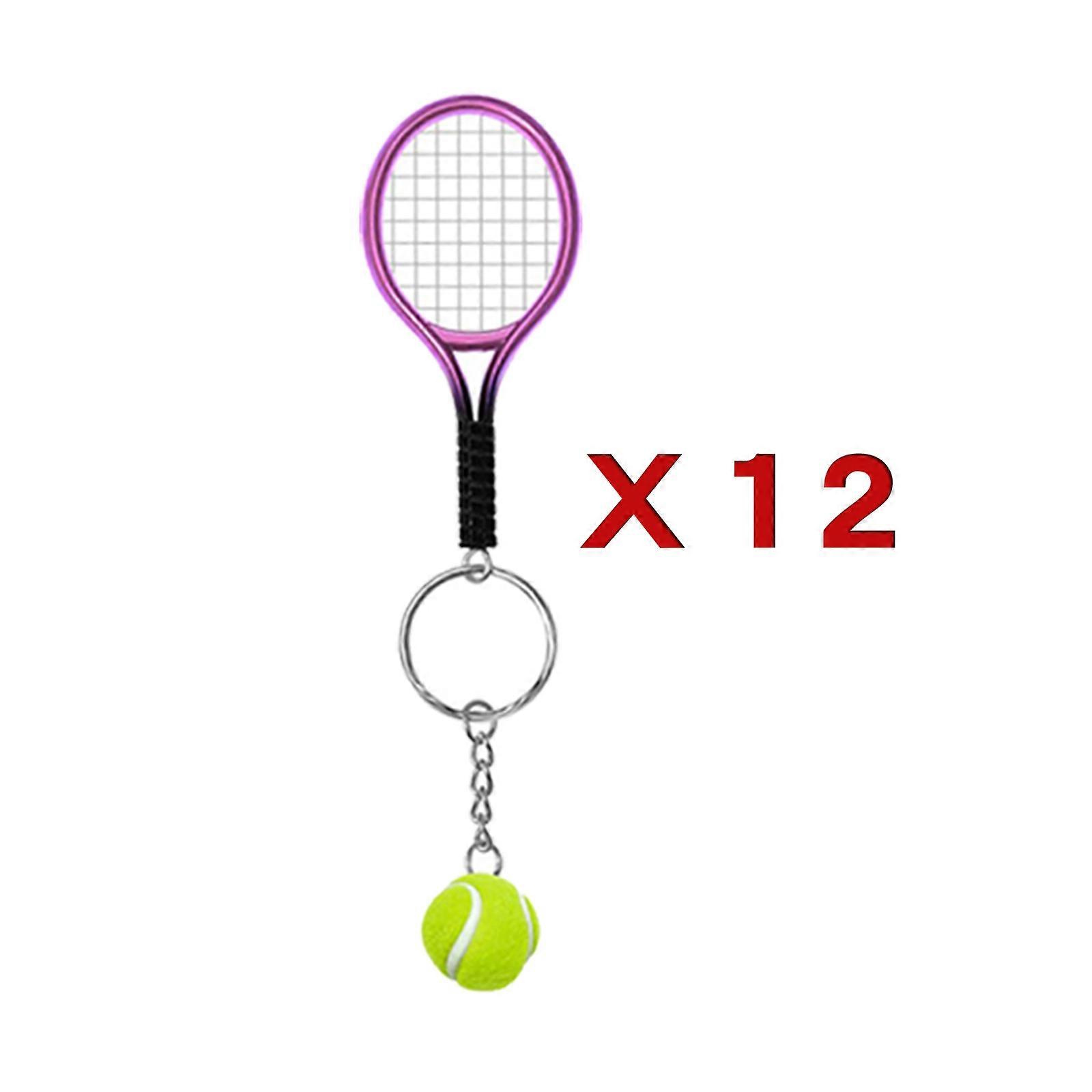 12Pcs Mini Exquisite Lightweight Tennis Racket Racquet Ball Keychains Key Rings Sport Style Split Keychains