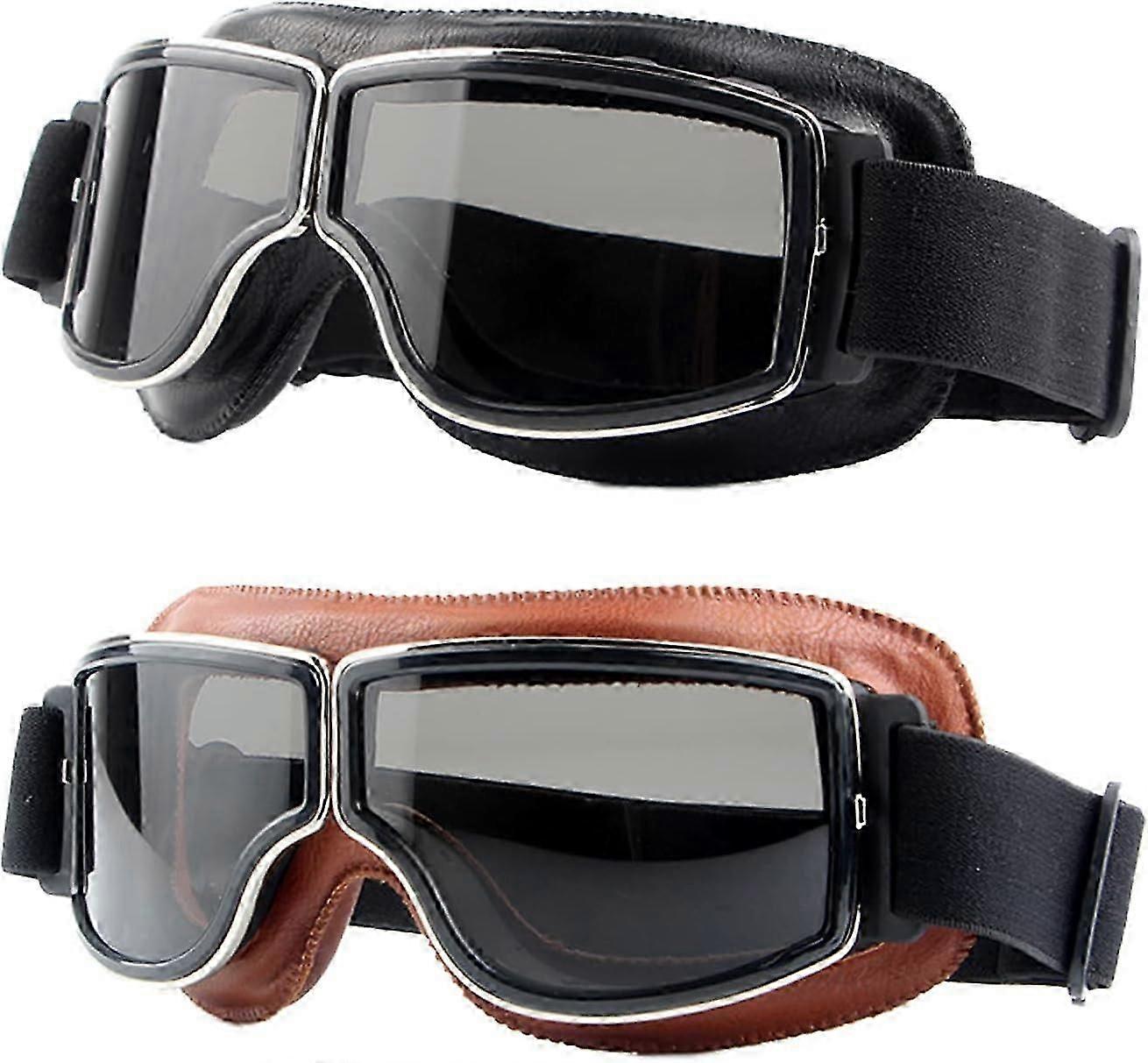 Motorcycle Goggles,2 Pack Vintage Anti Fog Pilot PU Leather Glasses Dustproof ATV Off Road Motorbike Helmet Eyewear Protect