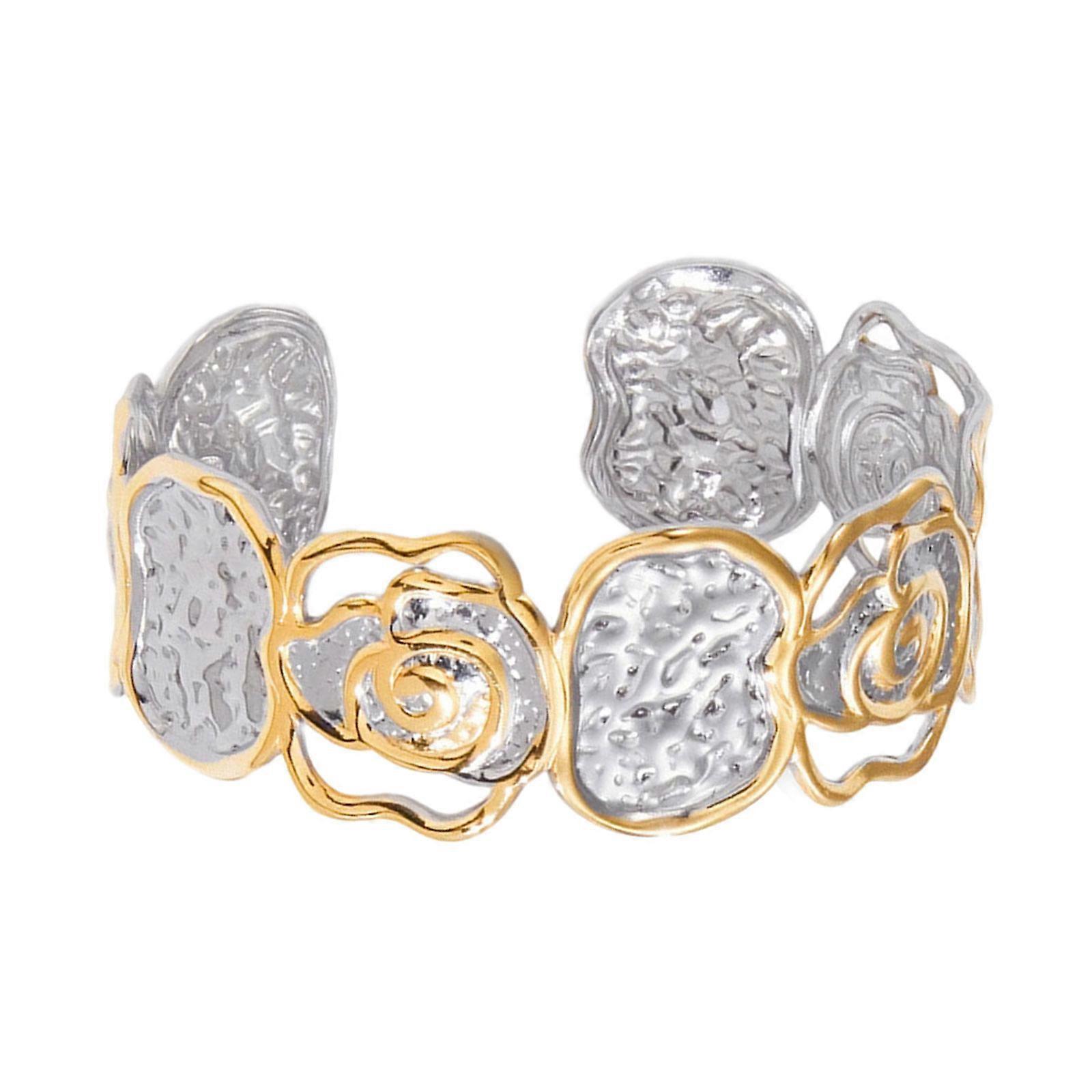 Adjustable Open End Cuff Bracelet With Hammered Texture Twist Hollow Pattern Two Tone Stainless Steel Jewelry For Her Multicolor