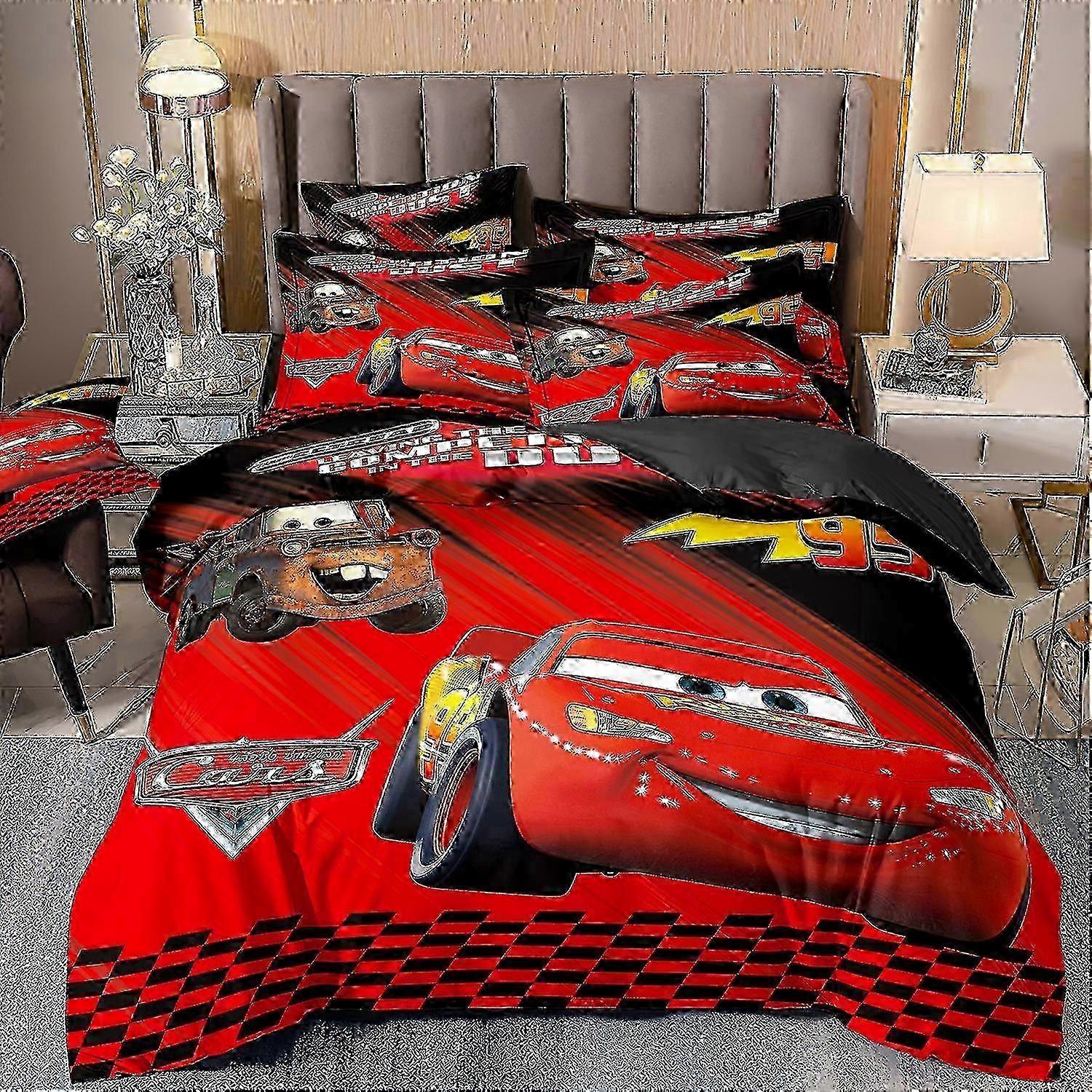 y958 Jogo de Lençóis Infantil com Estampa de Carros Amarelos e Vermelhos, Capa de Edredom e Fronhas, Conjunto de Cama com Tema de Carros, Relâmpago McQueen