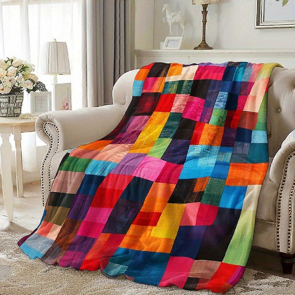 Colorful Patchwork Theme Digital Print Flannel Blanket - 100% Polyester, Lightweight Warm for All Seasons, Suitable for -dfghj23