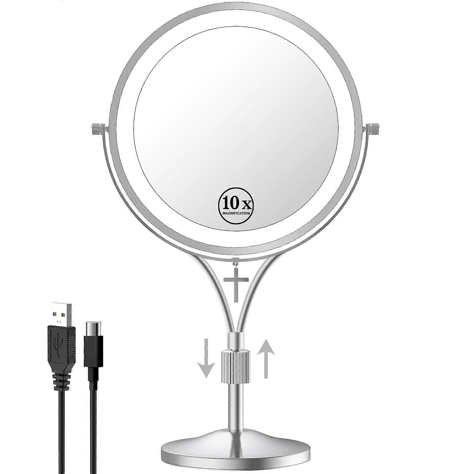 Lighted Makeup Mirror 1X/10X DualSided with TriColor LED, Height Adjustable Rechargeable Vanity Mirror