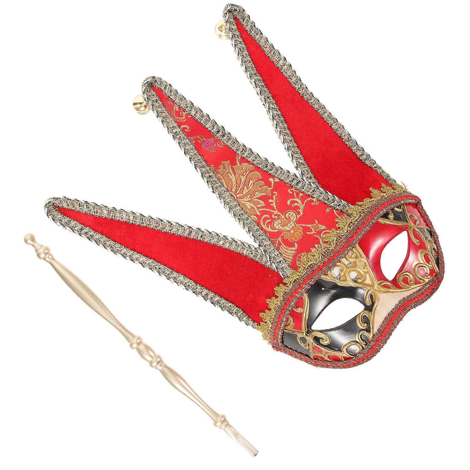 Red Half Face Masquerade Mask with Handle for Costume Party