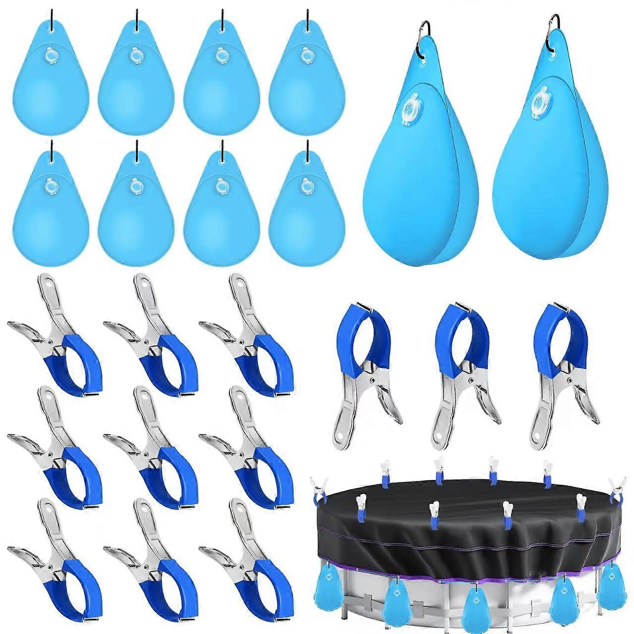 12 Pack PVC Pool Cover Weights and Clips for Above Ground Pools, Winter Windproof Securing Set