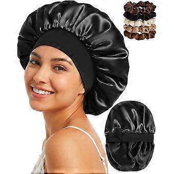 Doppellagige, wendbare Satin-Schlafhaube, verstellbare große Nachtmütze mit 5 Haargummis für Damen
