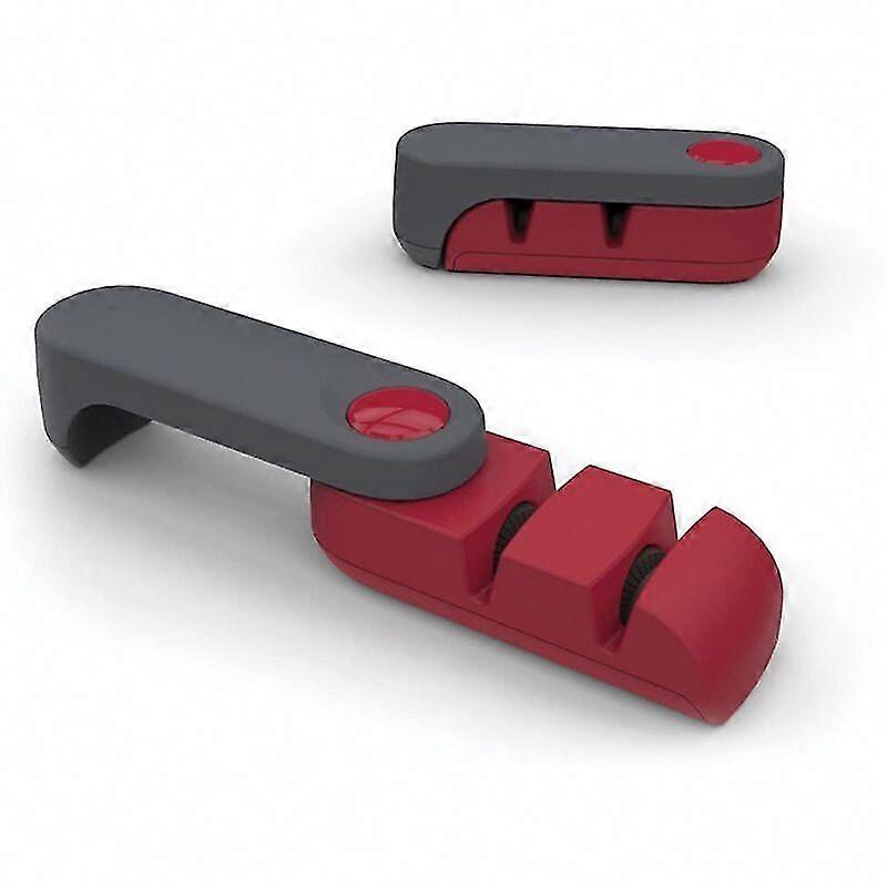 Compact Steel Blade Knife Sharpener - Gray & Red Kitchen Tool