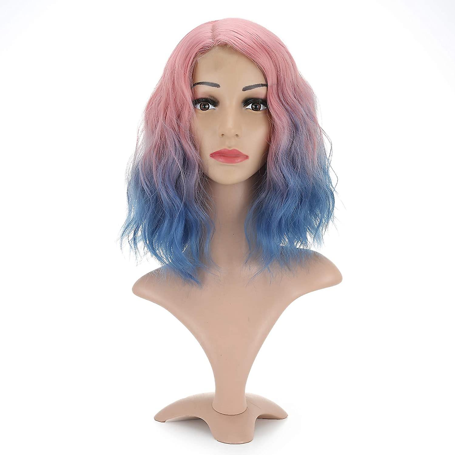 Lace Front Bob Wig With Air Bangs Ombre Color Small area Lace Pink to Blue Natural Curly Wavy Short Bob (12''Pink-Blue)