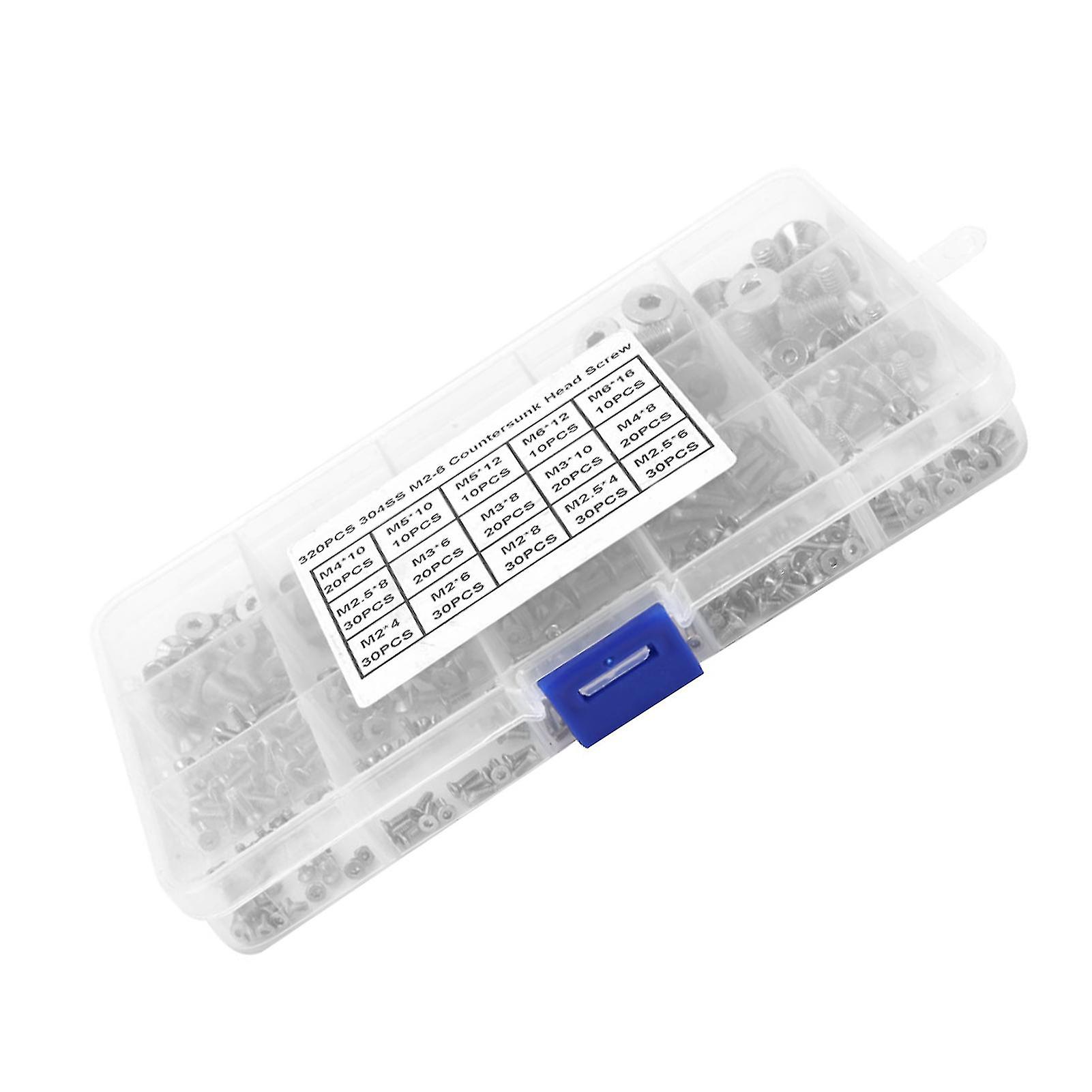 320pcs M2-M6 SS304 Stainless Steel Hex Socket Flat Head Screw Set