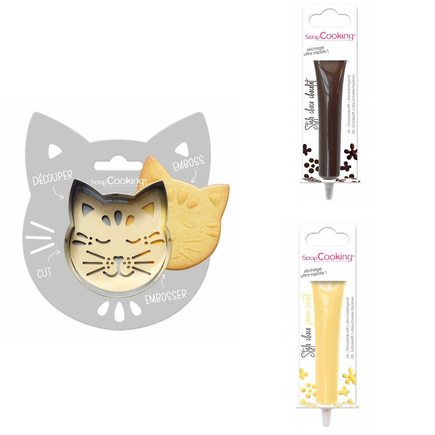 Koekjesset met kattenreliëf + 2 bruine en pastelgele chocoladepennen