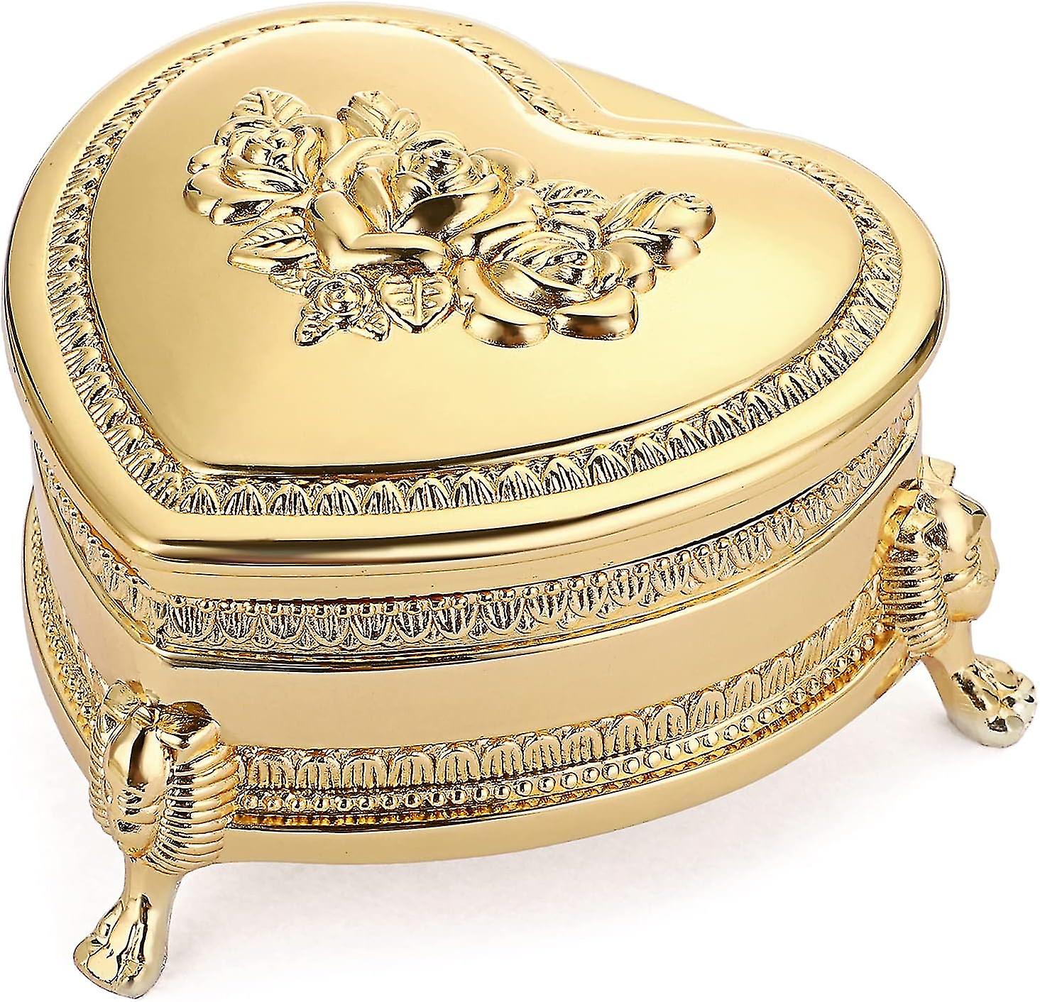 Luqeeg Vintage Heart Shaped Jewelry Box - Small Metal Treasure Chest For Rings & Earrings