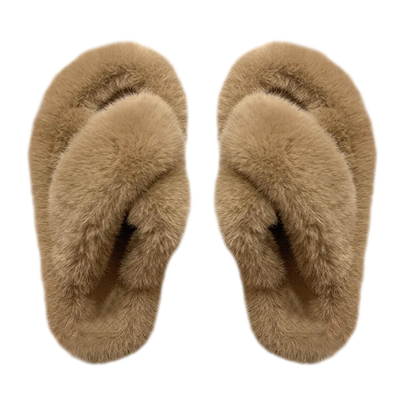 Women Fuzzy Slippers Open Toe Cross Band Style Warm Soft Artificial Wool Womens House Slippers for Bedroom Home Khaki 38 EU Size