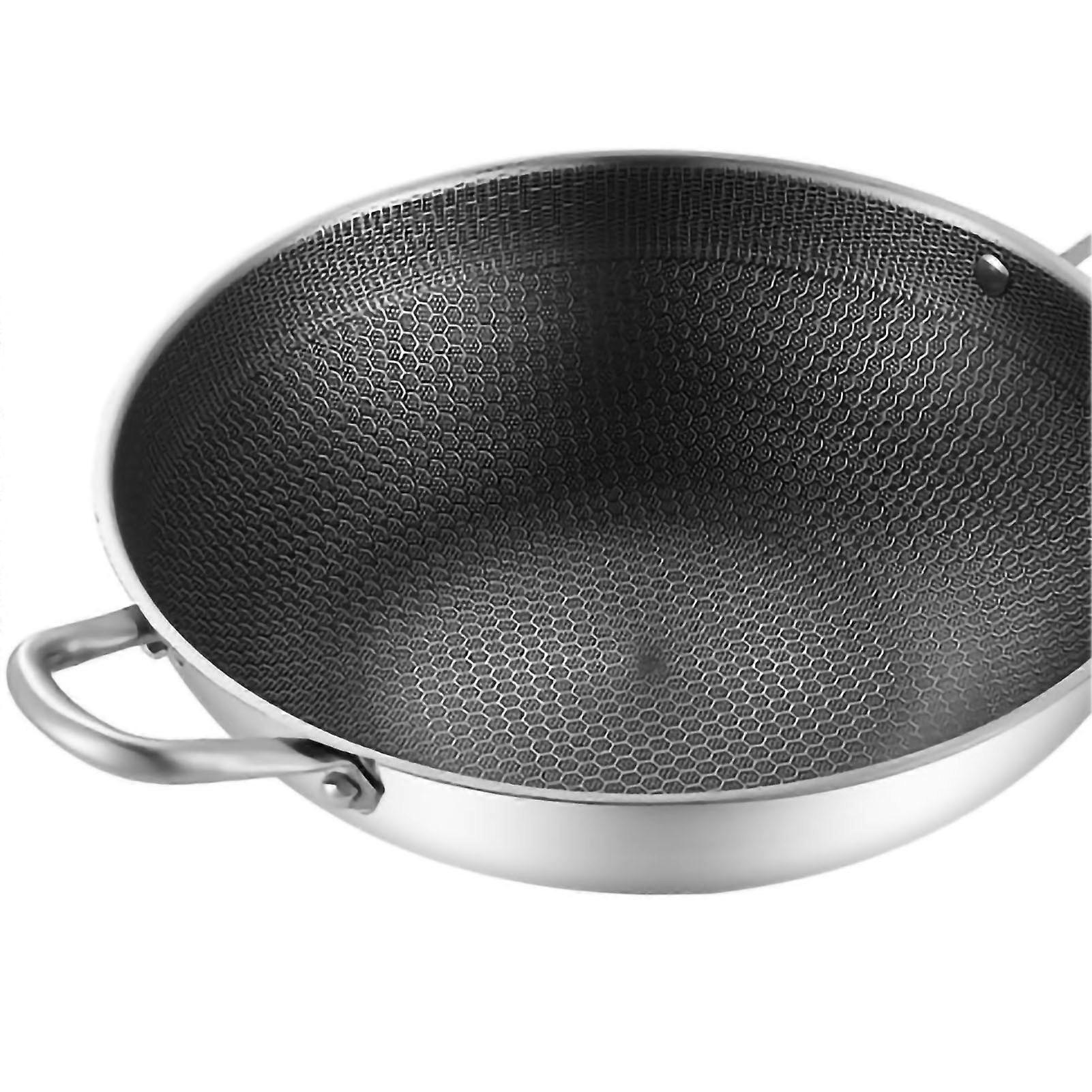 Stainless Steel Wok Pan Double Sided Honeycomb 3 Layer Prevent Sticking Easy Cleaning Wok for Kitchen 32cm/12.6in (No Lid and with Ears)