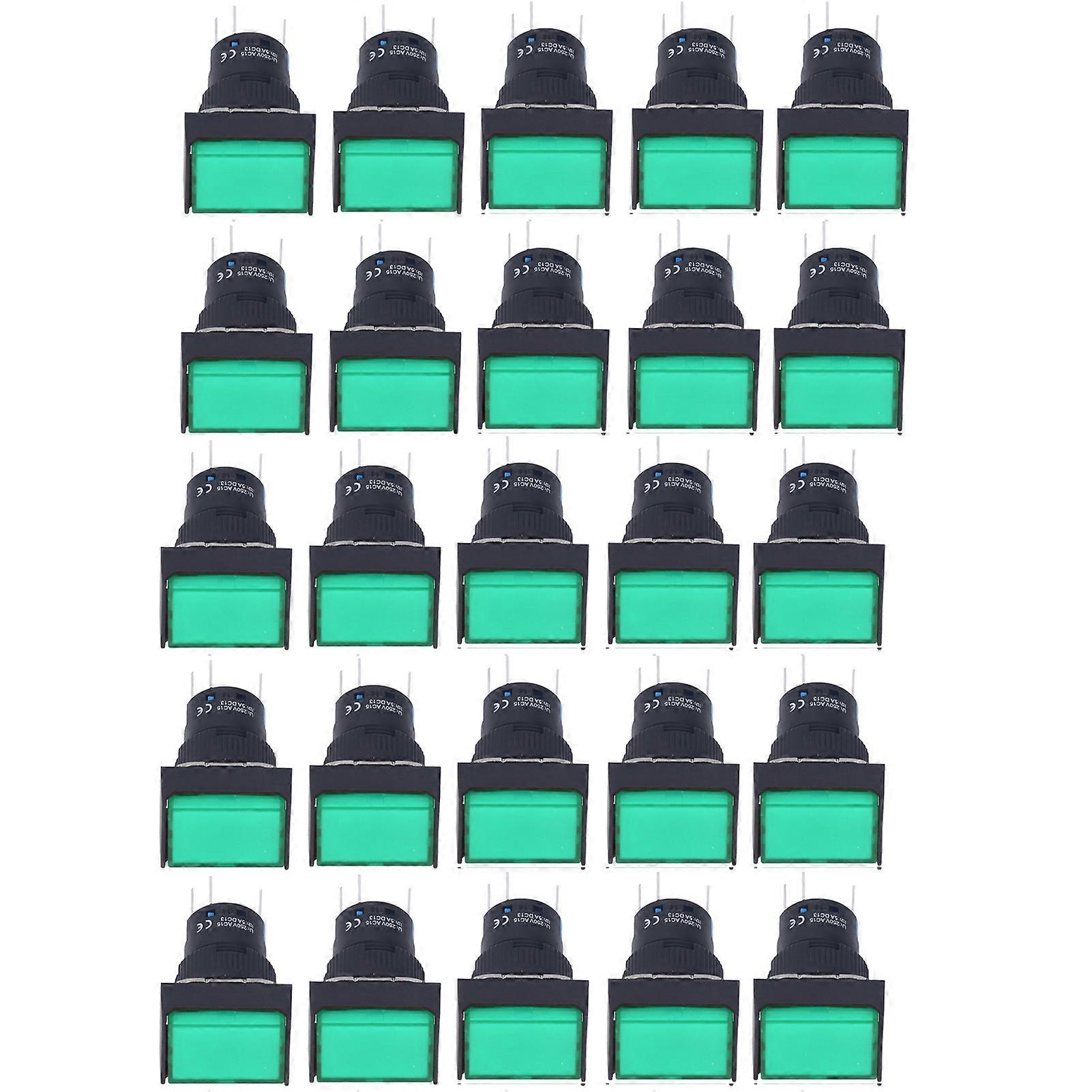 25Pcs Momentary Push Button Switch Self Locking Rectangle with Light 12V BEMLA1611DSJ 16mm(Green )