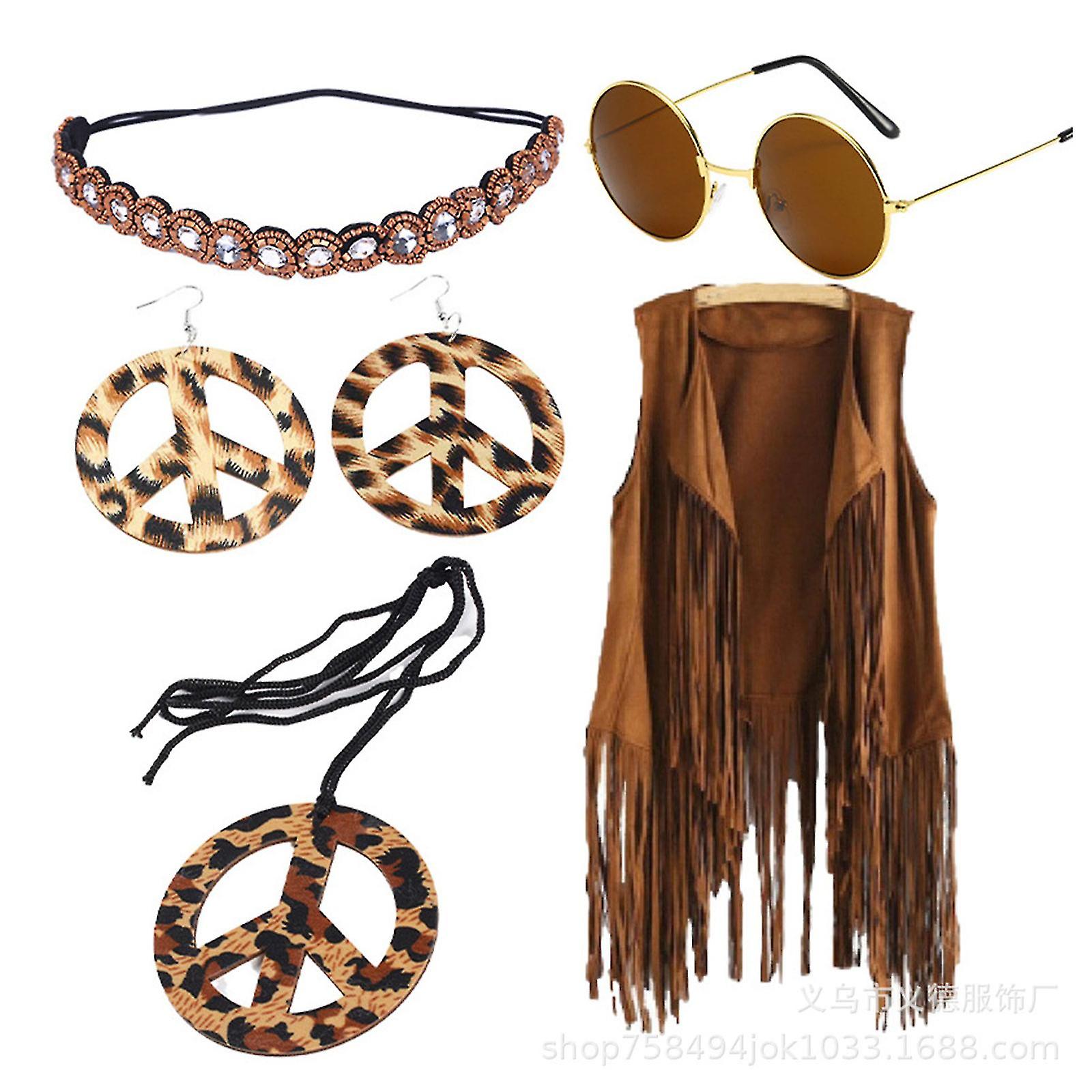 70s Hippie Κοστούμι Για Γυναίκες Ειρήνη Σημάδι Σκουλαρίκι Κολιέ Headband Fringe Γιλέκο Φούντα-ZEZ