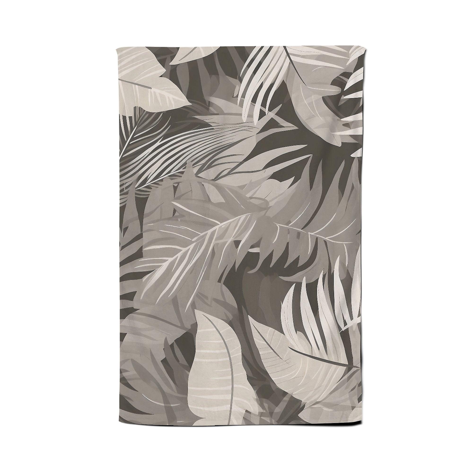 Grey Brown Tropical Leaves Tea Towel