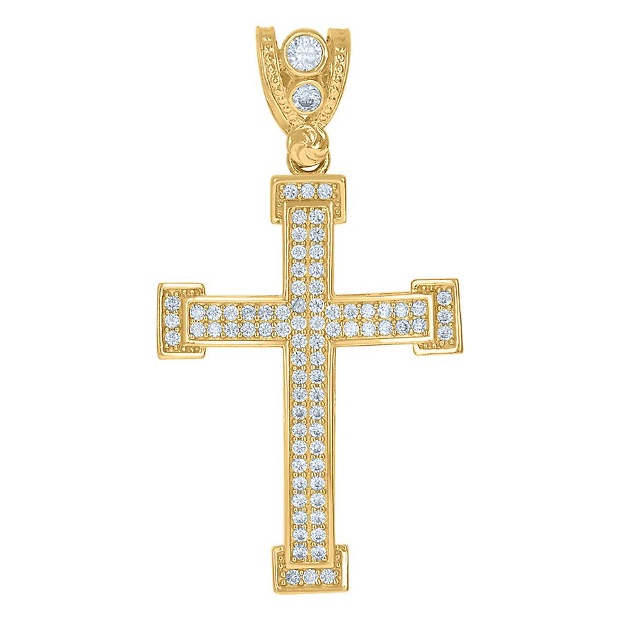 10k Yellow Gold Mens Cubic Zirconia Cross Religious Charm Pendant 44.3x23.6mm Wide Necklace for Men