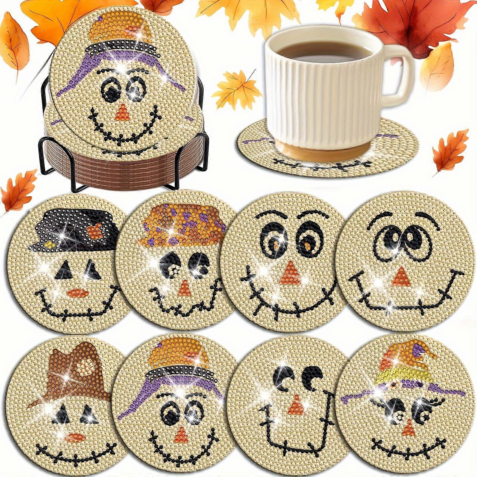 8pcs Customizable DIY Diamond Art Painting Coasters - Round, Display Stand Included, Protective, Unique Halloween Pattern Design - Cute, Funny, Whimsi