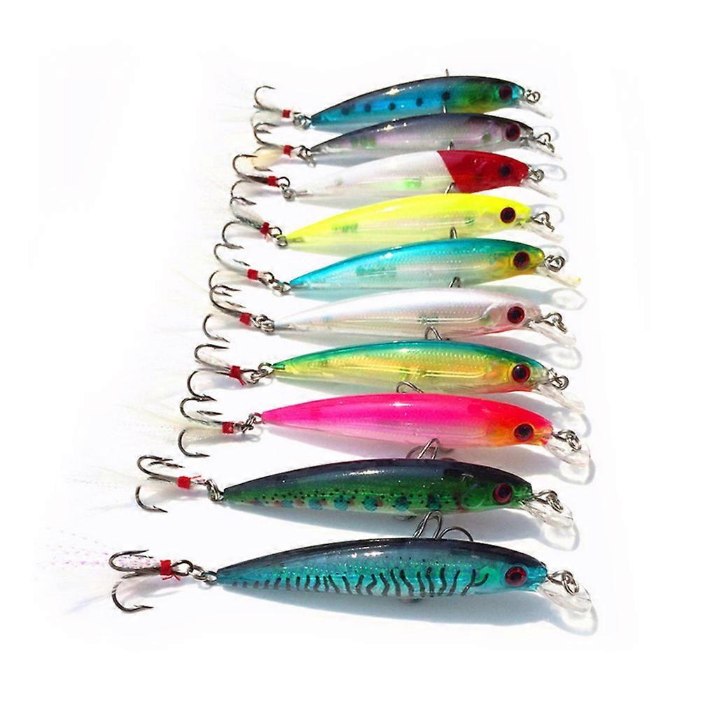 10 Pcs Fishing Lure Minnow Wobblers Bait Tackle Artificial Baits Crankbait with Feather Hooks