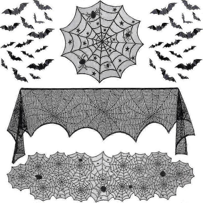 35 Pieces Halloween Decorations Set Include Lace Spider Web Table Runner, Round Lace Table Cover, Fireplace Mantel Scarf And 32 Pieces 3d Bats Wall St