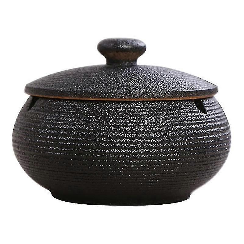 Ceramic Ashtray With Windproof Lid For Indoor Outdoor Use -black
