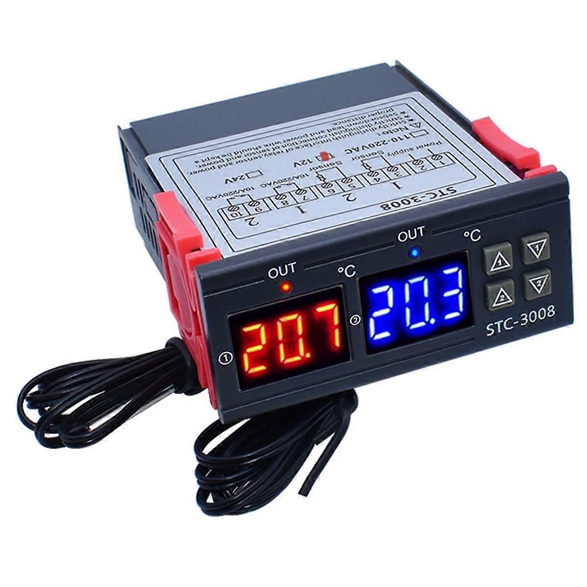 Dual Digital STC-3008 Temperature Controller Two Relay Output Thermostat Heater with Probe Temperat