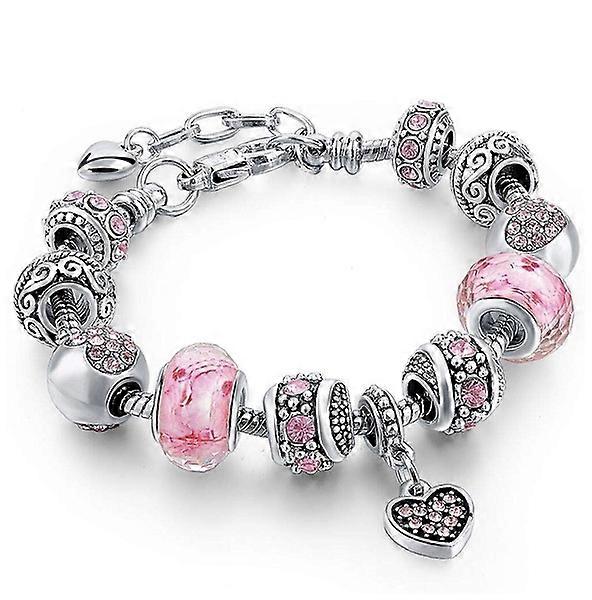 rosa krystall og hjerte sjarm armbånd