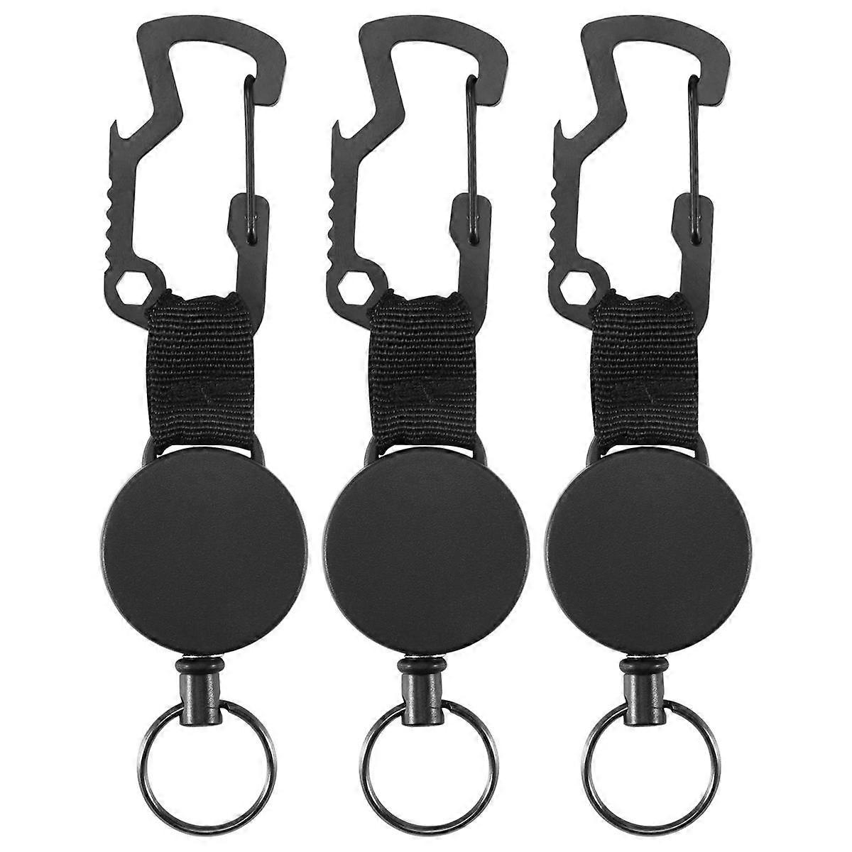 Lot de 3 porte-clés rétractable - Bobine de porte-badge robuste avec mousqueton multi-outils, porte-clés avec cordon en fil d’acier jusqu’à 25 pouces, noir