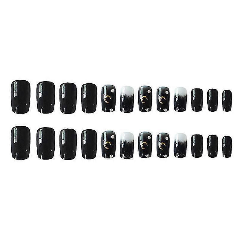 24pcs Long Black Press On Nails Cute Star & Moon Design Fake Nails Full Coverage