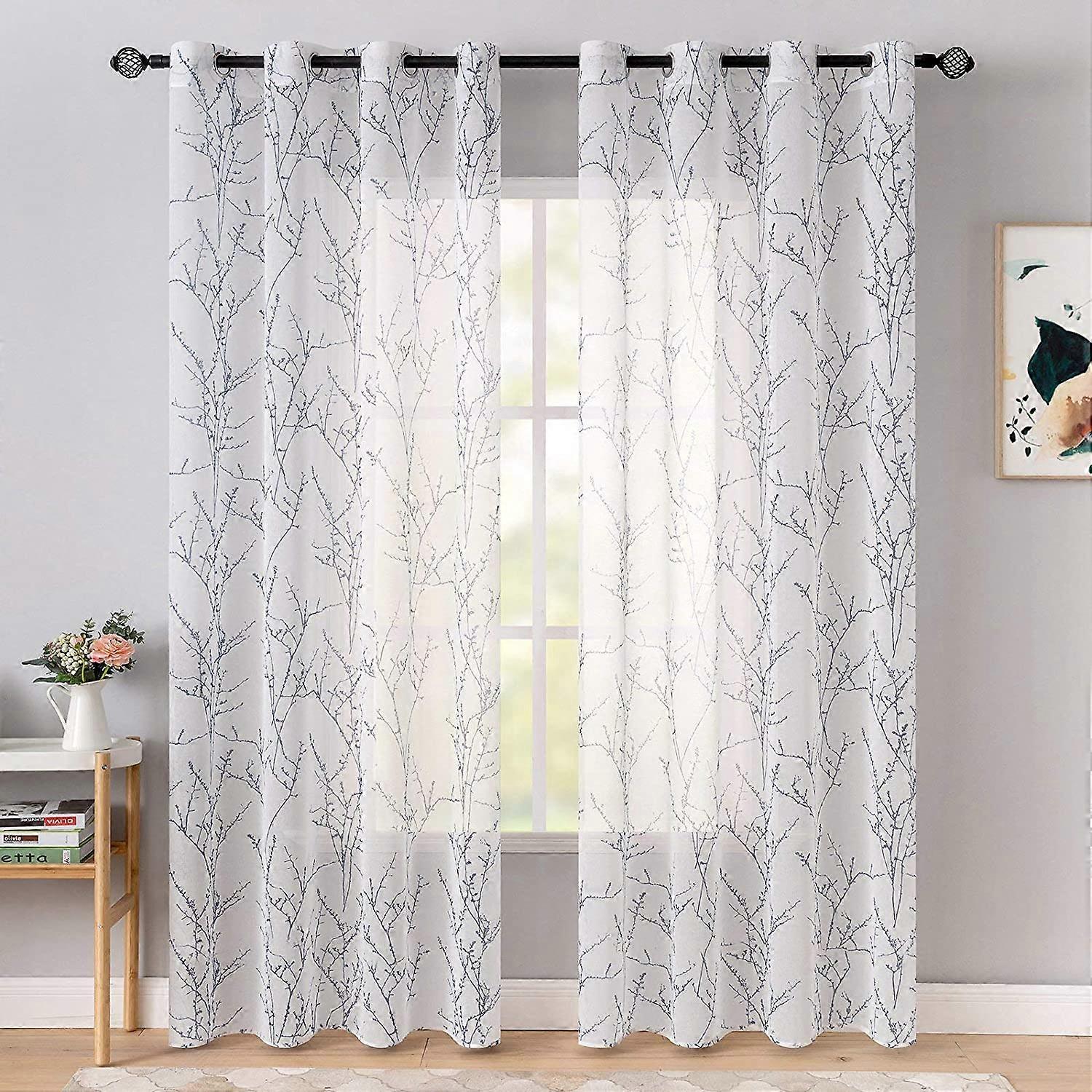 2 Panel Curtain Branch Pattern Printed Translucent Curtain Smooth Elegant Durable Decor 140x245CM(LXH) Blue