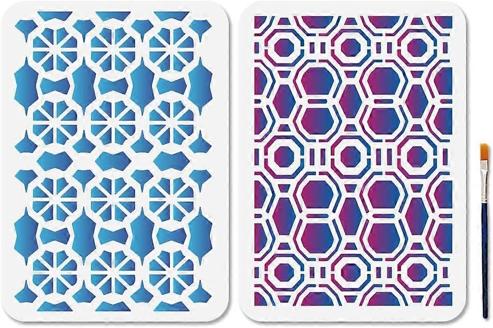 2Pcs Geometry Stencil 11.7x8.3inch Reusable Hexagonal Stencil with Paint Brush Abstract Geometry Texture A4 Artistic Wall Template for Wood Fabric Wal