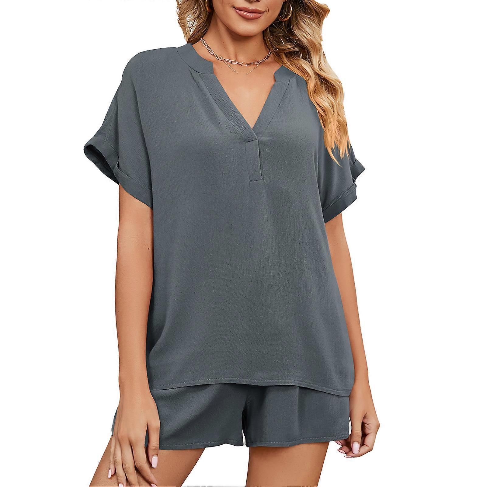 Conjunto de lounge curto com decote em V com bolso sólido na moda casual com cordão na cintura Kit de lounge para mulheres Casa Cinza XL