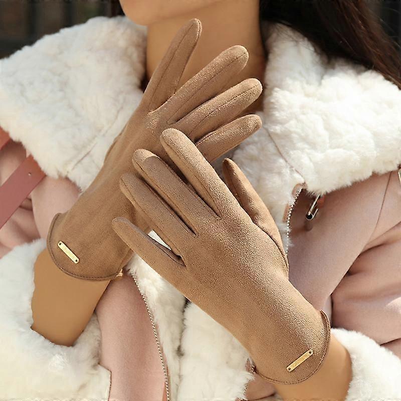 Golden Metal Labeling Suede Gloves Solid Color Jacquard Elastic Gloves Women's Winter Cold-proof Warm Gloves