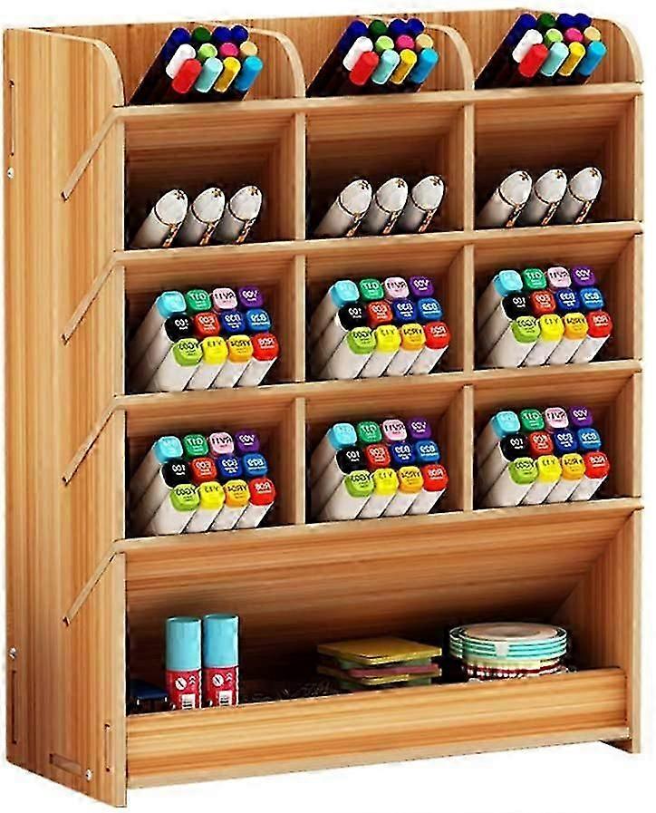 Desktop Organizer, Multi-Function Wooden Pen Storage Box for Home, Office and School Cherry
