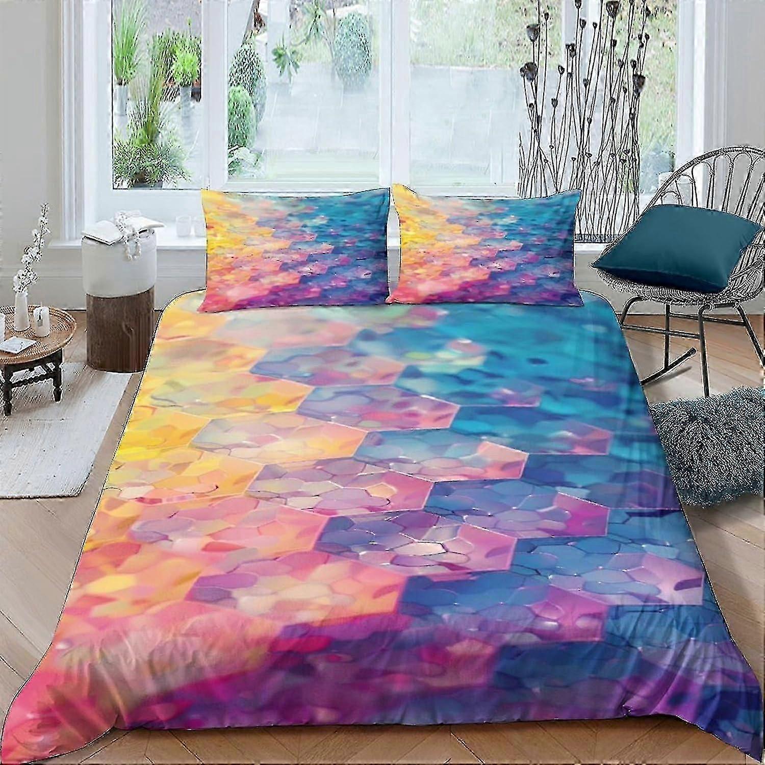 o4266 Lençóis Favo de Mel Neon Capas de Edredom para Meninos Meninas Capa de Edredão Capa de Edredão Impresso em 3D Glitter Hexágono com Fecho de Zíper Conjunto de Cama Sof