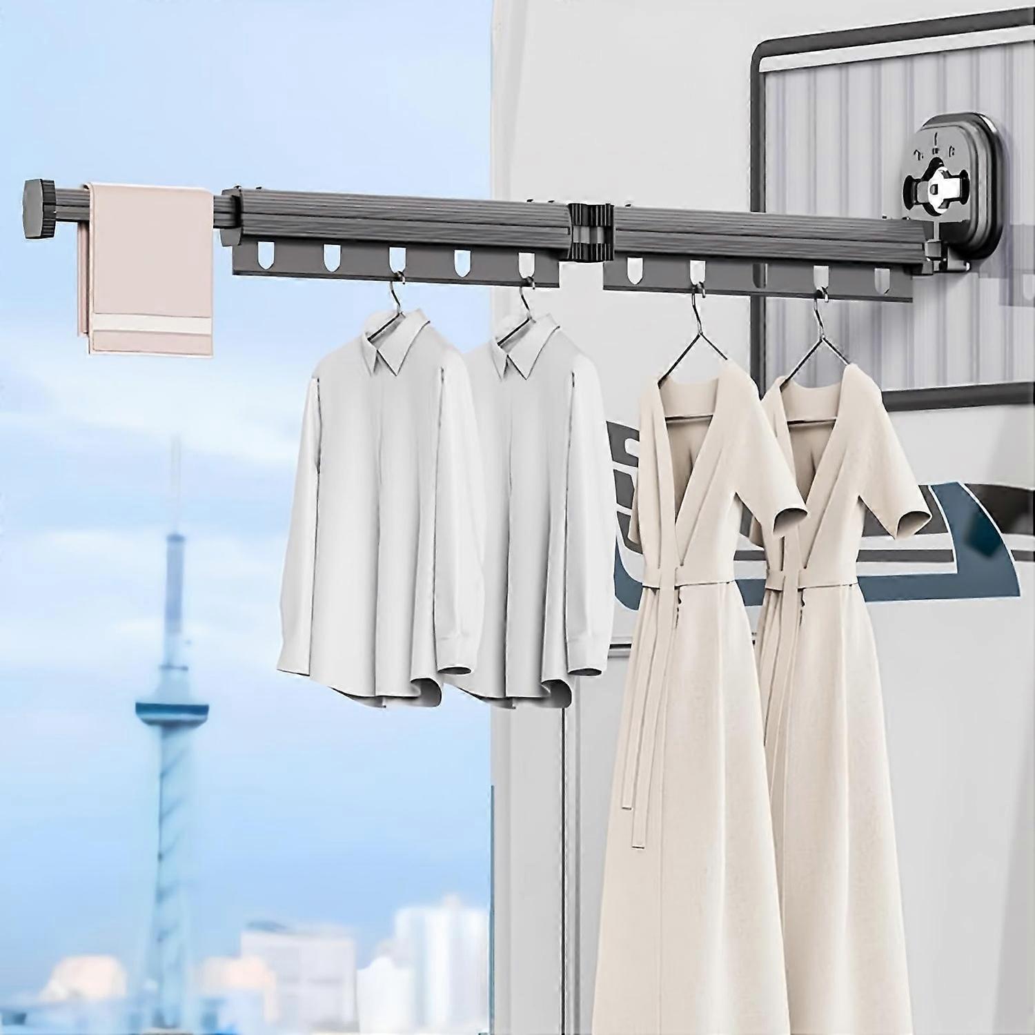 2 Section Retractable Folding Clothes Drying Rack Aluminum Alloy Balcony Window Space Saving Suction