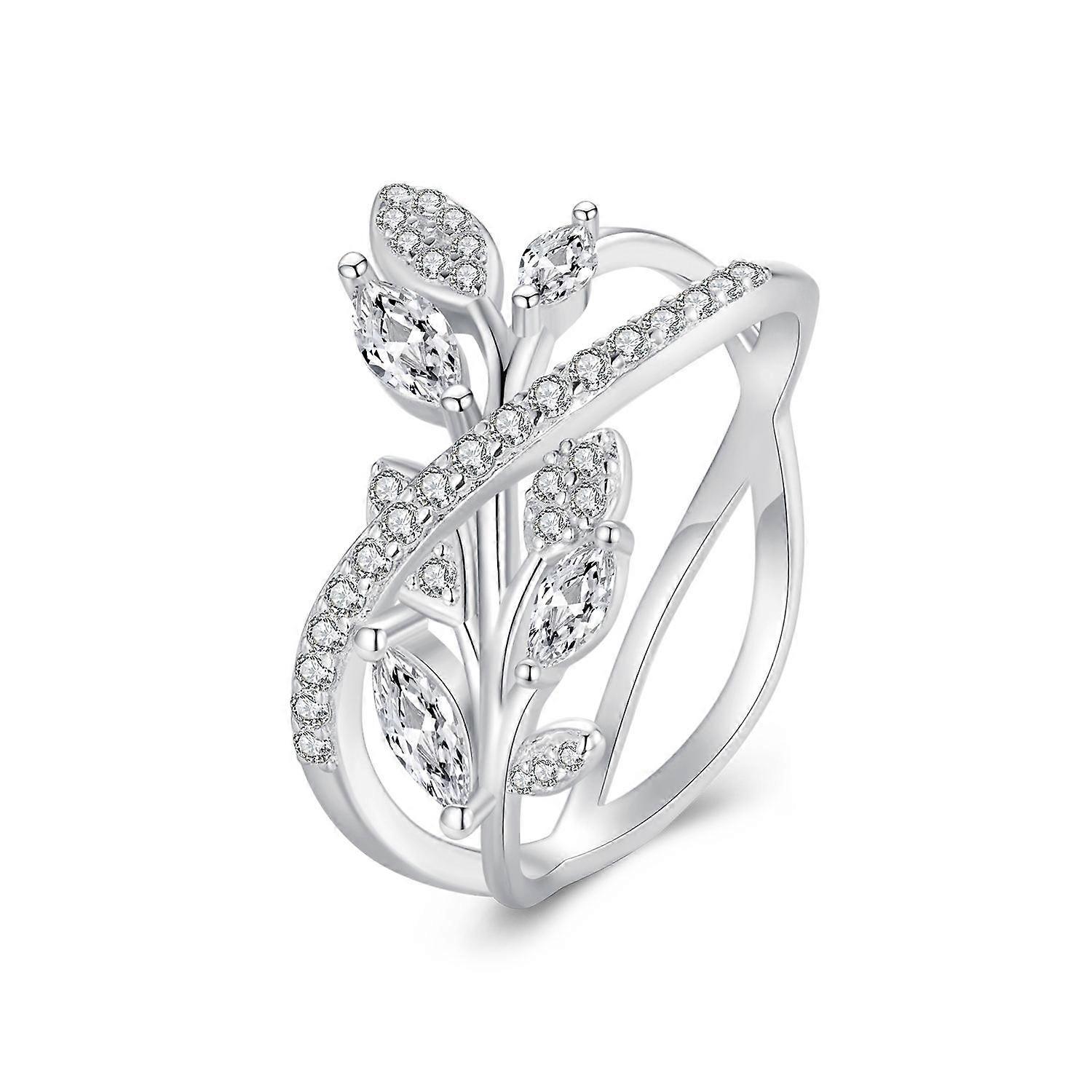 S925 Sterling Silver White Gold Plated Zircon Luxury Leaf Ring