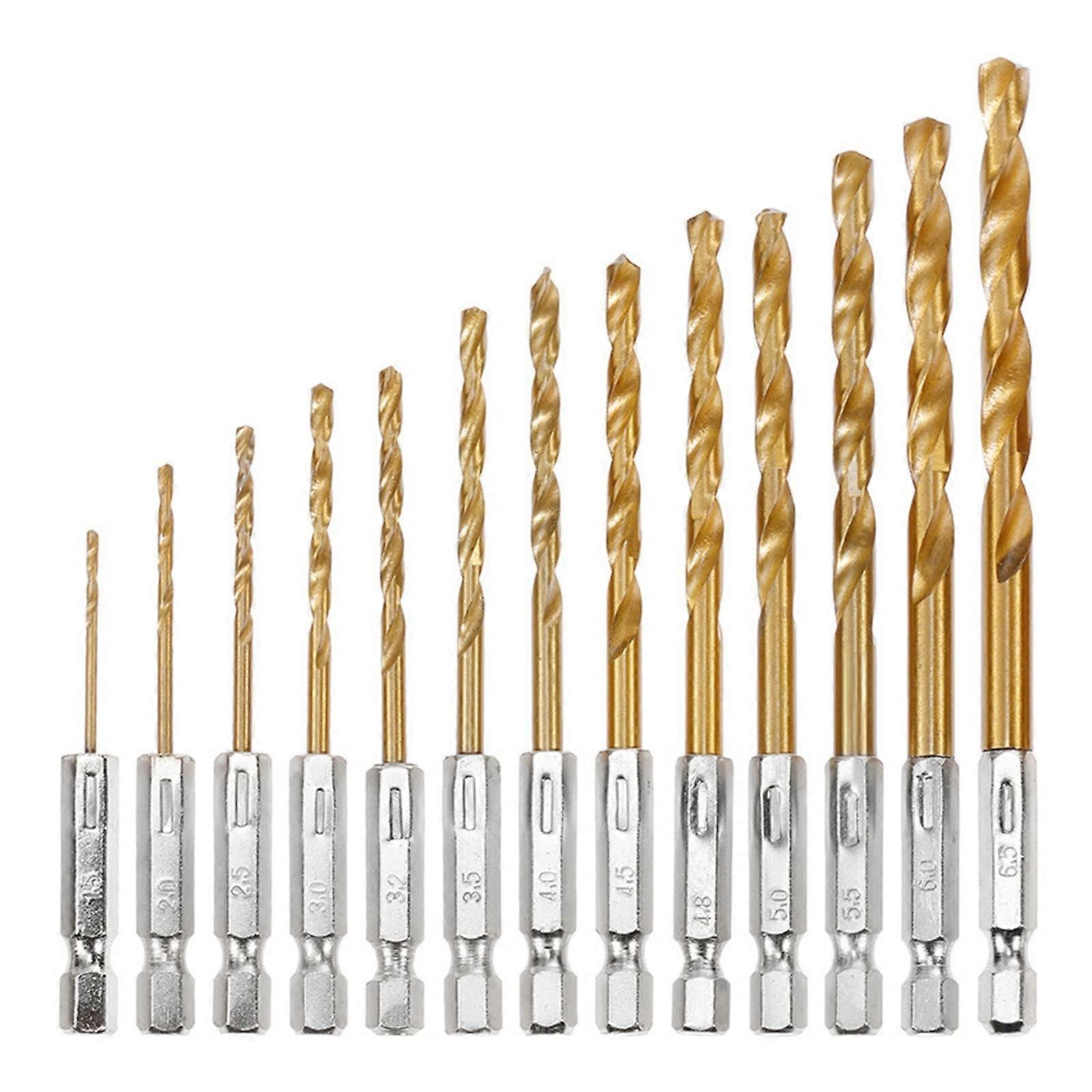13pcs/lot HSS High Speed Steel Titanium Coated Drill Bit Set 1/4 Hex Shank 1.56.5mm Twist Drill Bit bit