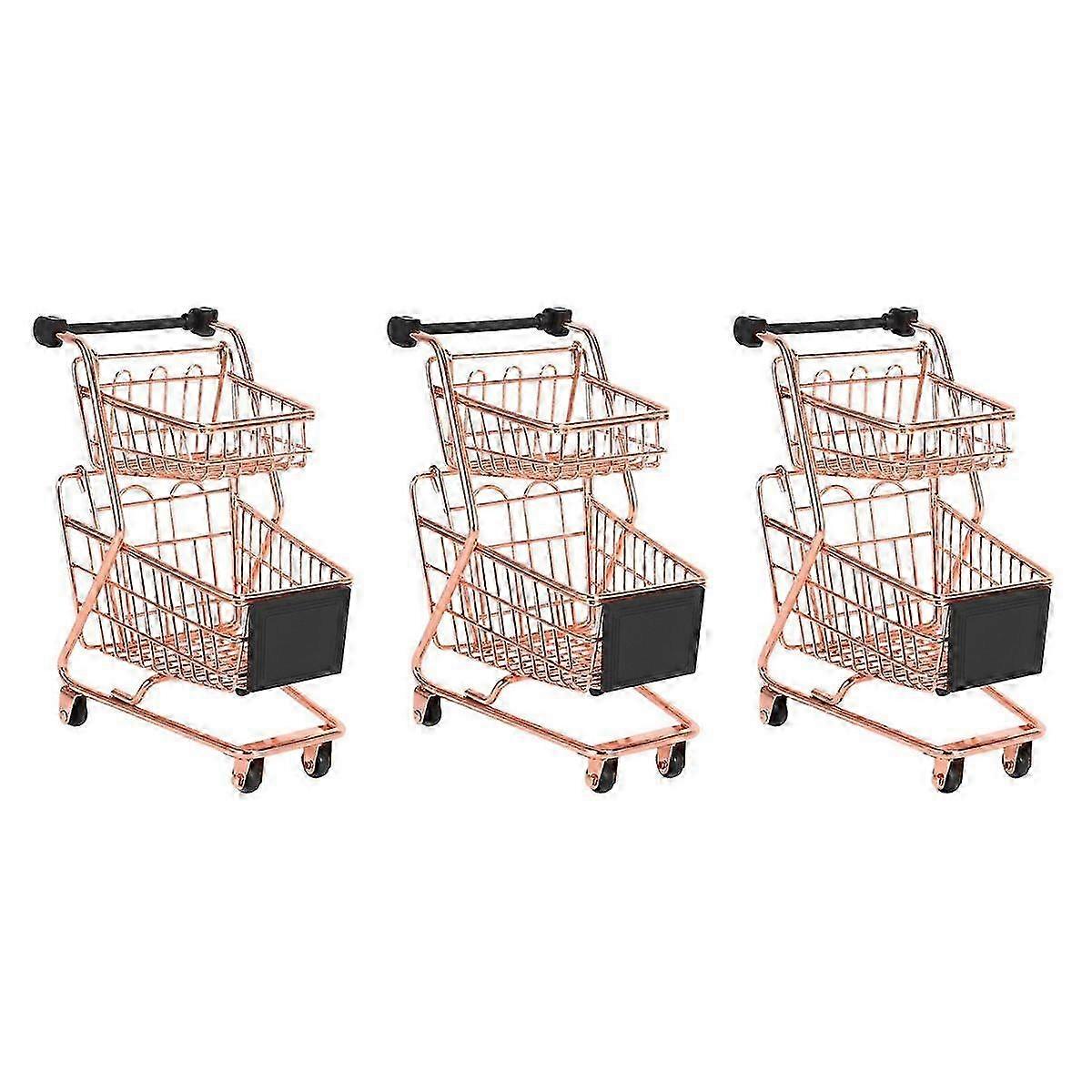 Two-Tier Foldable Metal Shopping Trolley with Rose Gold Finish, Wrought Iron Compact Storage Cart