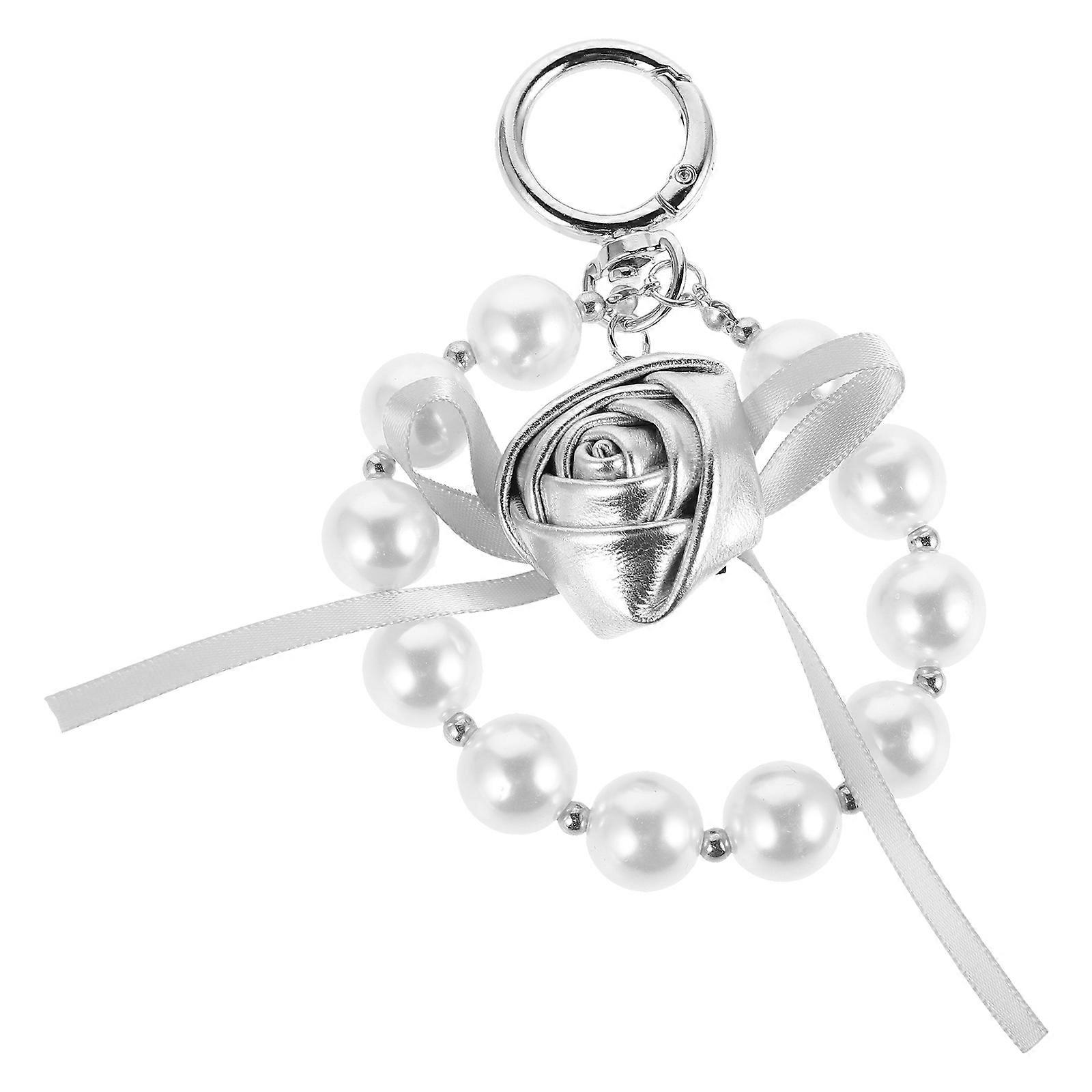 Rose Bowknot Keychain with Pearl String, Cute Flower Pendant Wristlet Charm for Car Keys or Bag Accessories